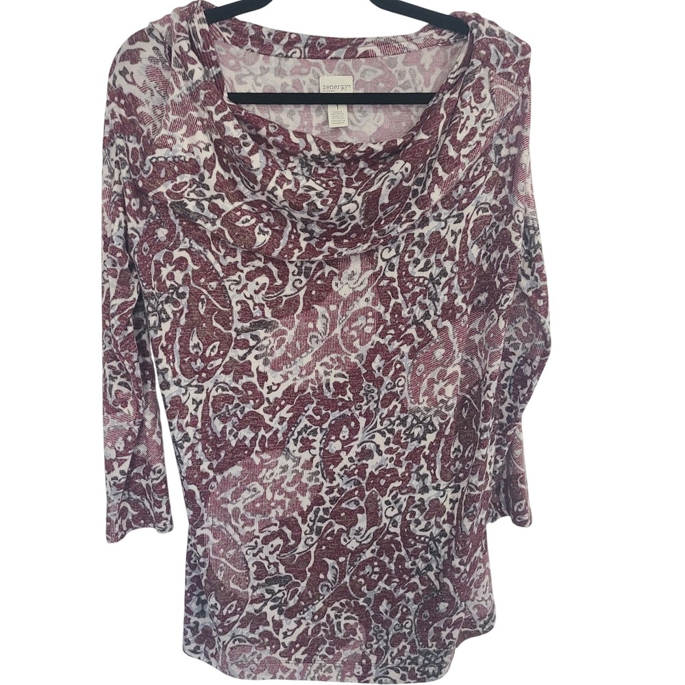 Zenergy by Chicos Womens Burgundy Paisley Cowl Neck 3/4 Sleeve Tunic Sz 1